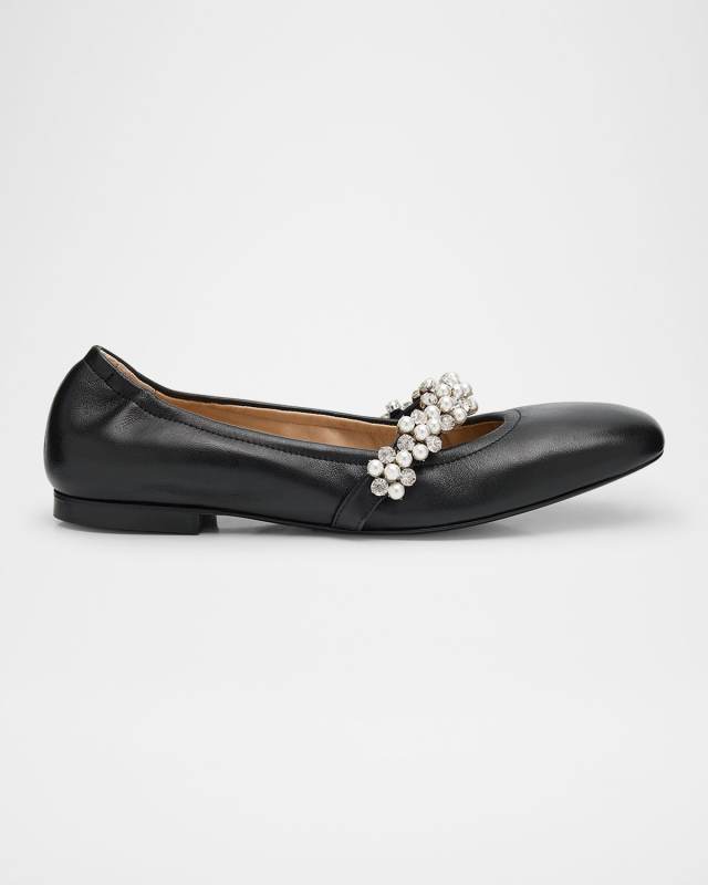 Poppy Leather Embellished Mary Jane Ballerina Flats